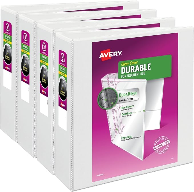 Avery Durable Clear View 3 Ring Binders, 3 Inch Binder Rings, 4 White Binders (09203)