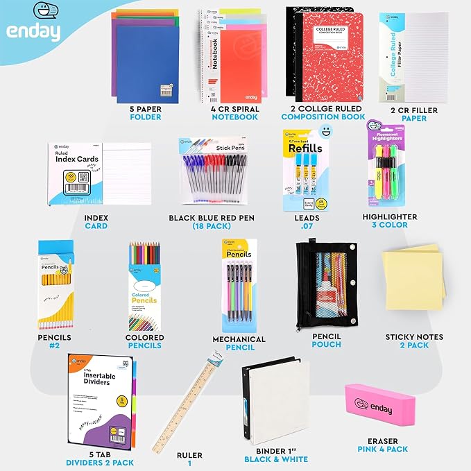 Enday Back to School Supplies High School Kit -87 Piece School Supplies Box