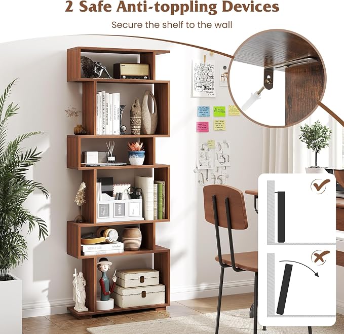 Tangkula 6-Tier S-Shaped Bookshelf, 64" Freestanding Geometric Bookcase, Home Office Wood Storage Shelf with Anti-Toppling Device, Room Divider Display Rack for Study, Living Room (2, Walnut)