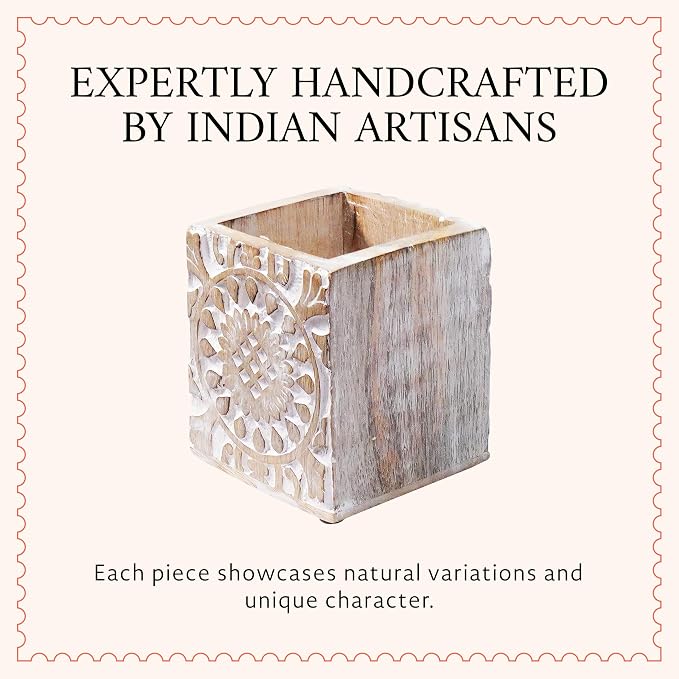 Ajenta Mango Wood Pen Holder - Whitewash | Hand-carved desk organizer pencil cup with felt base, handles pens, pencils, makeup brushes, art supplies and library decor.