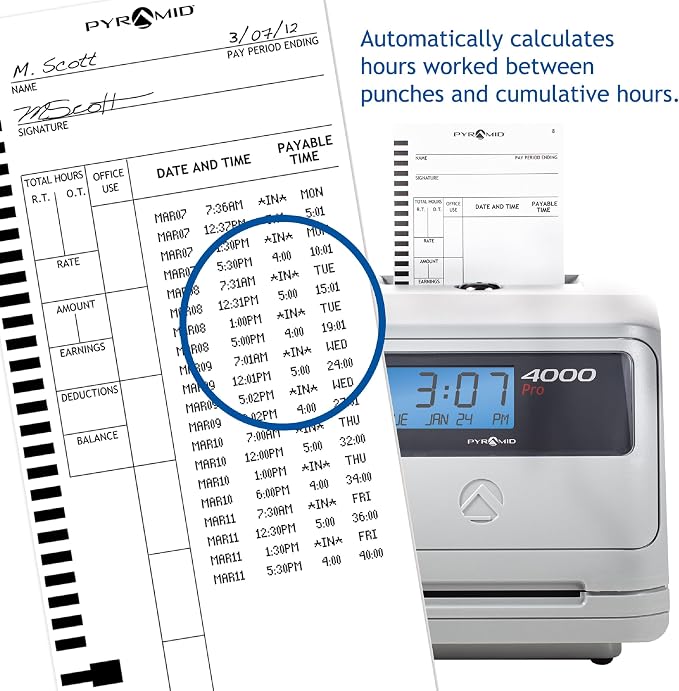 Pyramid Time Systems - Model 4000 Auto Totaling Time Clock - Silver | Electronic Time Punch Clock for Small Business, Includes 25 Time Cards, Ribbon, 2 Security Keys (7.25"h x 7"w x 6.75"d)