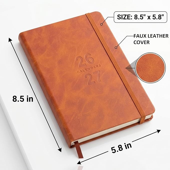 Benkaim Academic Daily Planner 2026-2027 One Page A Day (8.5"x5.8"), Calendar Book with Hourly Schedule, Appointment Book July 2026 to June 2027 Hard Cover (Brown)