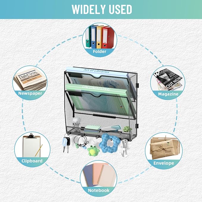 3-Tier Wall File Organizer with 5 Hooks, Wall Mounted Mail Organizer | File Holder Organizer, Metal Mesh Office Wall Organizer for Home, School & Classroom