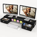39 Inch Dual Monitor Stand Riser with 2 Drawers - Large Black Wooden Computer Stand for 2 Monitors, Ergonomic Desk Organizer with Phone Holder, Desktop Storage for Laptop, Office Supplies, Home Office