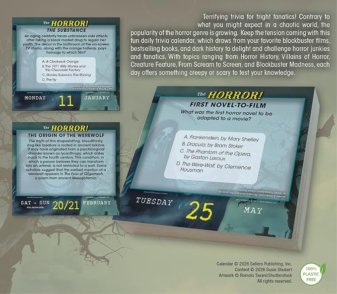 The Horror! 2027 Daily Desk Calendar: Boxed Page-a-Day Scary Movie & Trivia Calendar with Day-to-Day Frightening Facts for Horror Fans & Fright Fanatics