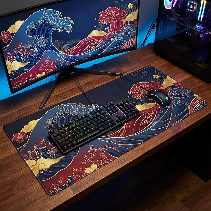 Japanese Great Wave Mouse Pad XL-Extended Gaming Desk Mat (31.5 x 15.7 in) | Black and Gold Ukiyo-e Art Mousepad with Anti-Slip Rubber Base, Waterproof Keyboard Mat for Office, Home & Esports