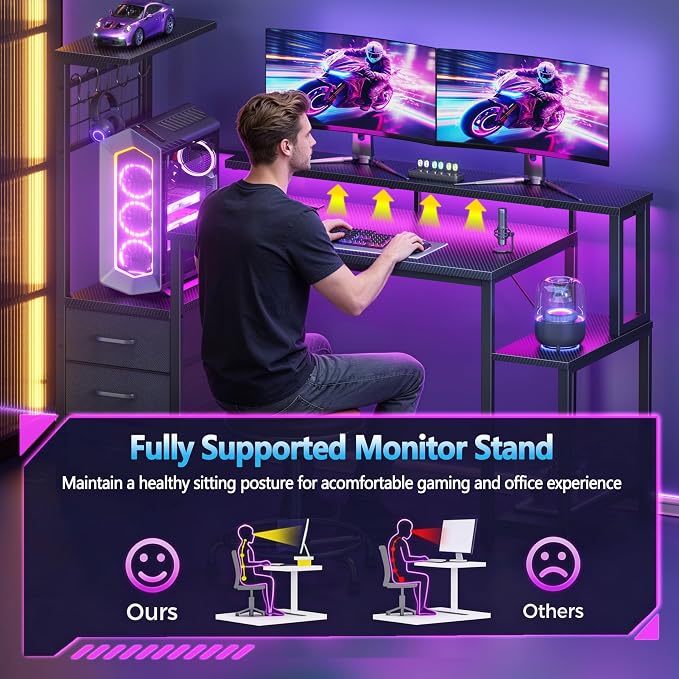 Korfile 48" Gaming Desk with Power Outlet, LED, Drawers, Carbon Fiber Black | Reversible，Computer Desk, Gamer Table, with Fabric Drawers & Side Hook, with Monitor Stand, for Game Room, Home Office