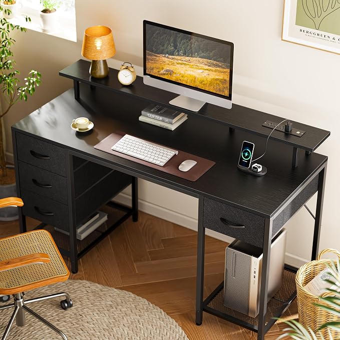 Huuger 55 inch Computer Desk with Power Outlets & 4 Drawers | Gaming Desk with LED Lights, Home Office Desk with Large Storage Space for Bedroom, Work from Home, Black