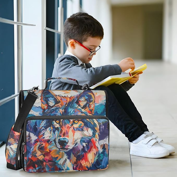 Mountain Wolf Colorful Zipper Binder with Shoulder Strap Bag 3 Ring Binder Organizer Large Capacity Multiple Compartments for School Office
