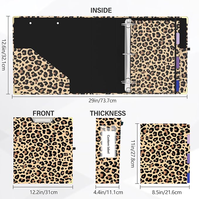 3 Ring Binder 3 Inch Round Ring Binder with 6 Tab Dividers，2 Interior Pockets，Cute Binder Clipboard with Storage, for School Office, Portfolio Organizer with Labels(Cheetah Spots)