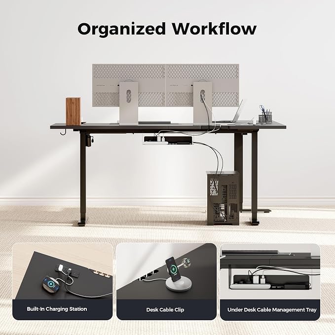 Agilestic 75 x 61 Inch L Shaped Standing Desk with Powerstrip, Black | Outlets, Cable Management, Corner Desk, Ample Workspace, Memory Presets, Hooks, Stable Steel Frame,176 lbs, Splice Board