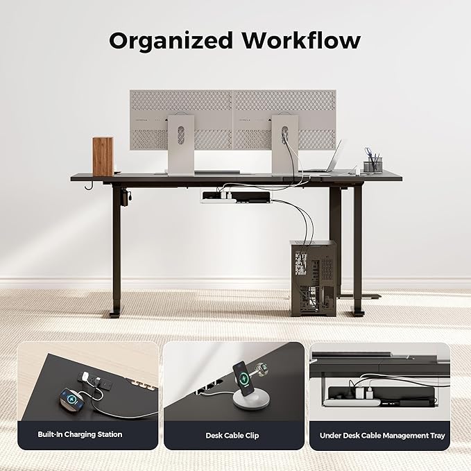Agilestic 63 x 48 Inch L Shaped Standing Desk with Powerstrip, Black | Outlets, Cable Management, Corner Desk, Ample Workspace, Memory Presets, Hooks, Stable Steel Frame,176 lbs, Splice Board