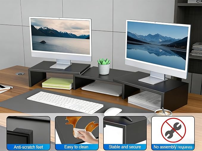 Desk Organizers and Accessories, Dual Monitor Stand Riser, Monitor Desk Shelf for Desktop Organization (Black)