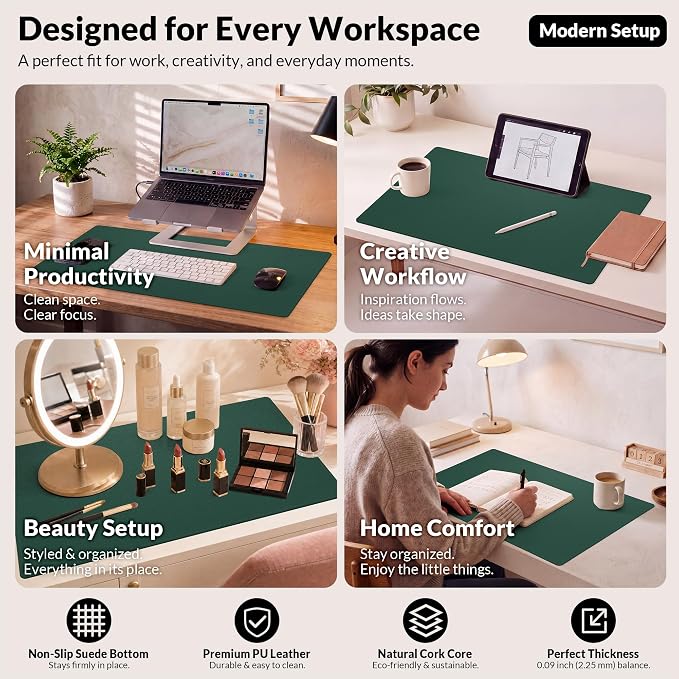 AFIING Cork Desk Mat, Dark Green, 23.6" x 13.7", Desk Pad Protector | Dual-Sided & PU Leather, Waterproof, Non-Slip for Mouse Pad, Writing, Home Office& Laptop