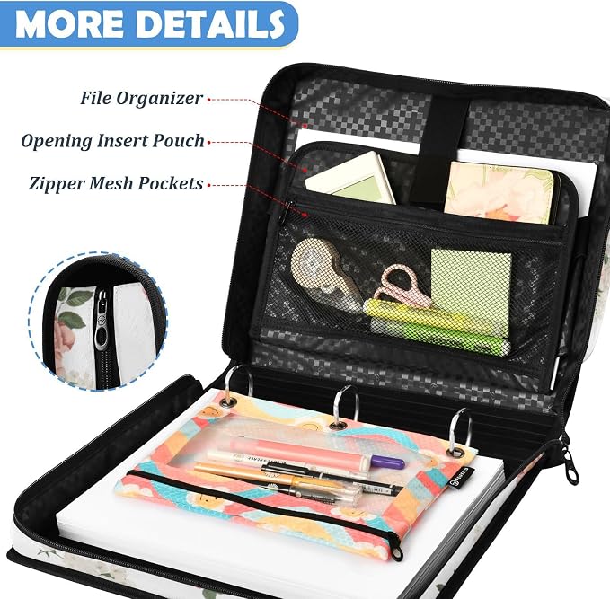 Floral Flowers Zipper Binder File Organizer Bag 3 D-Ring | with Shoulder Strap, Holds 500 Sheets & 14in Laptop, 3 Ring Binder for Office Supplies