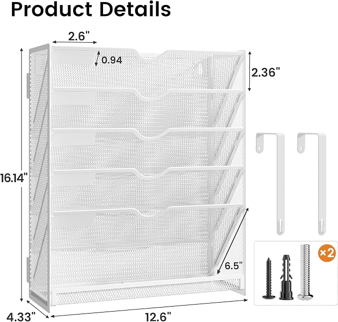 Hanging Wall File Organizer 6-Tier Wall Mount Mail Organizer | Desk Paper Organizer, Sleek White Metal File Folder Holder for Office, Cubicle, Bedroom | All-in-One Document Storage Shelf