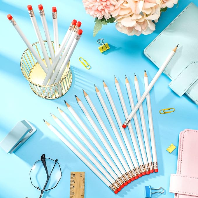 Outus 24 Pieces Round Pencils Cute HB Graphite Wood Pencils Bulk with Eraser for School Writing Drawing Sketching Wedding Office Supplies(White)
