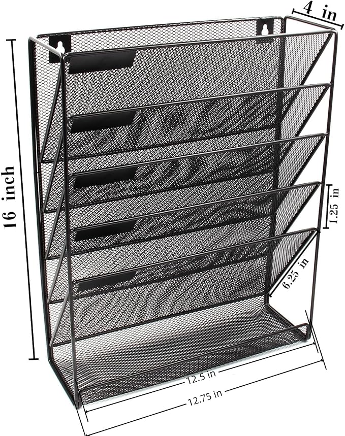 EasyPAG 5 Tier Wall File Holder, Mesh Hanging Folder Organizer with Classify Label, Versatile Desk File Holder, Vertical Wall Mounted Mail Organizer for Office Home Cubicle, Black