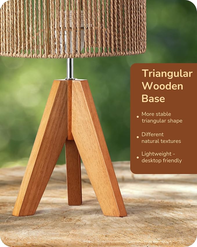 EDISHINE Small Rattan Table Lamp, Wood Tripod Bedside Lamp, 14.2", E26 Base | Natural Style, E26 Socket, Boho Nightstand Light for Living Room, End Table, Office, Rosewood Color&Vertical Stripe Shade