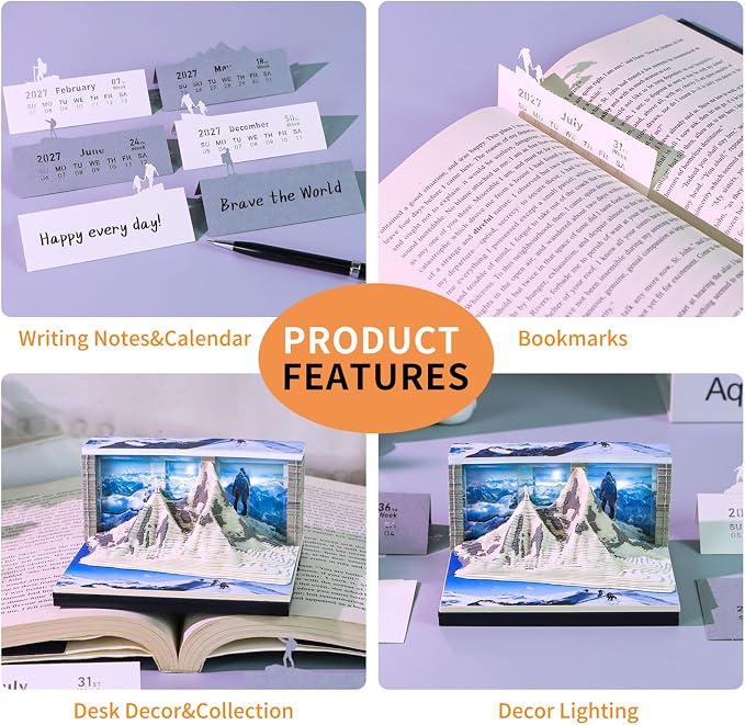 3D Time Piece Calendar, 2027 Desk Calendar With LED Light, 3d Tree Memo Pad Creative Desk Calendar, Christmas Gift for Colleague Friend, Desktop Decoration (Mount Everest)