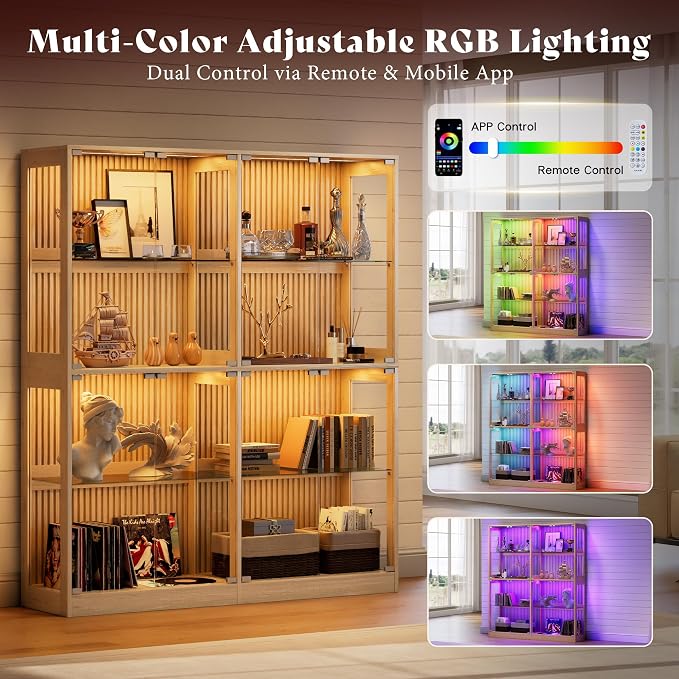 AMERLIFE 32-Inch RGB Display Cabinet with Glass Shelves | 70 H x 32 W x 16 D In, 4-Tier Storage, RGB LED Lights, Press-to-Open Doors, for Collectibles, Wood-Grain Slatted Finish