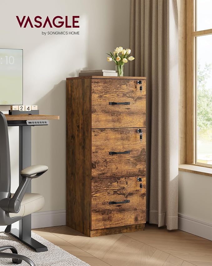 VASAGLE File Cabinet, 3 Drawer Filing Cabinet for Home Office, with Locks, for A4, Letter Sized Documents, Hanging File Folders, Rustic Brown UOFC055K101S