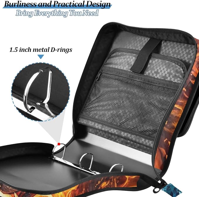 Fire Ice Wolf Pattern 3 Ring Zipper Binder with Shoulder Strap & Handle 2 Inch D-Ring Zippered Binder Bag with Multiple Pocket & Pencil Pouch, Binder Organizer for School or Office