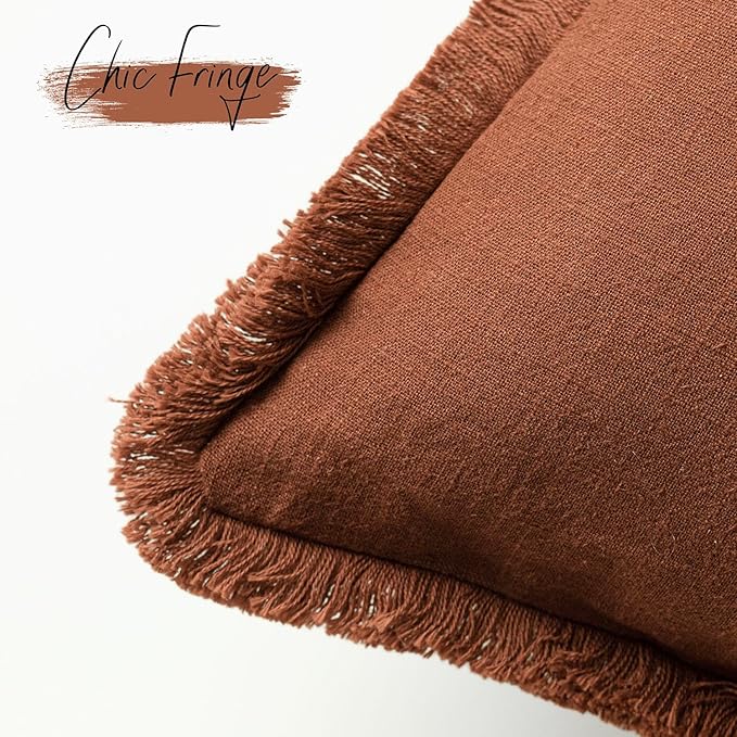 Foindtower Set of 2 Decorative Linen Fringe Throw Pillow Covers Farmhouse Cushion Cover with Tassels Lumbar Accent Pillowcase for Couch Bed Living Room Home Bedroom Decor, 12×24 Inch, Fall Rust Orange