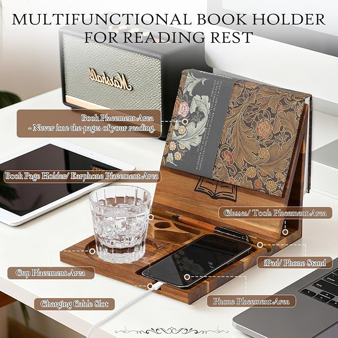 Book Holder Stand for Reading Rest Wooden Book Rest Book Nook Reading Valet | Foldable Desktop Triangle Bookstand with Book Page Holder, Cup, iPad & Phone Stand Bookshelf for Readers Bookworms Gifts