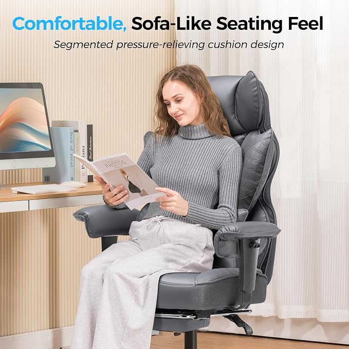 COMHOMA Big and Tall Office Chair Heavy Duty Wide Ergonomic Gaming Chair with Deluxe Embossing Designed Leather with Foot Rest,150°Reclining Adjustable Armrests Pocket Spring Back Support and Pillow