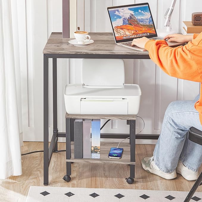 HOOBRO 2-Tier Printer Stand with Charging Station, Under Desk Printer Table, Printer Cart with Storage Shelves, Shelf for Small Spaces, for Home Office, Greige and Black BG38UPS01