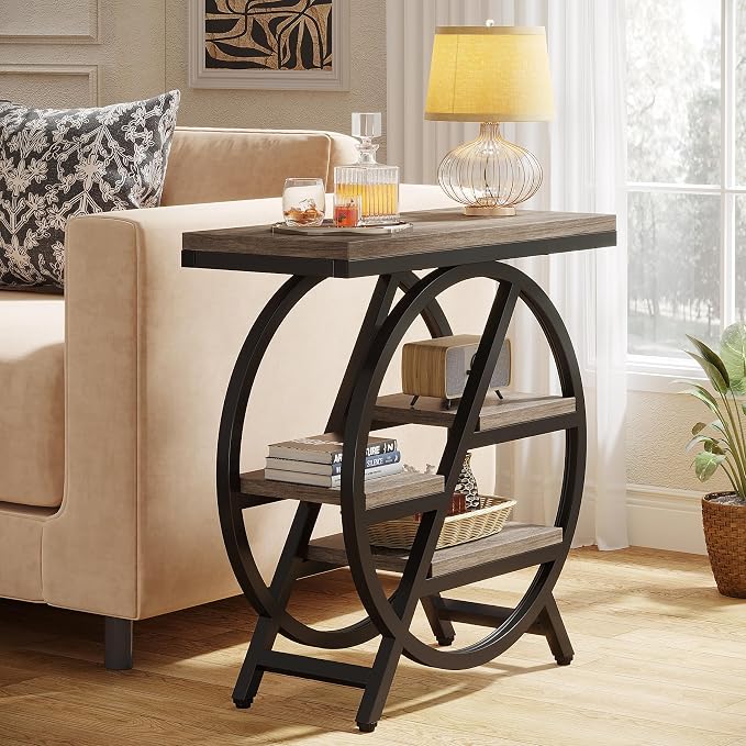 Little Tree End Table, Narrow Side Table with 4-Tier Large Storage Space | Modern Bedside Table for Living Room, Home Office, Bedroom, Grey