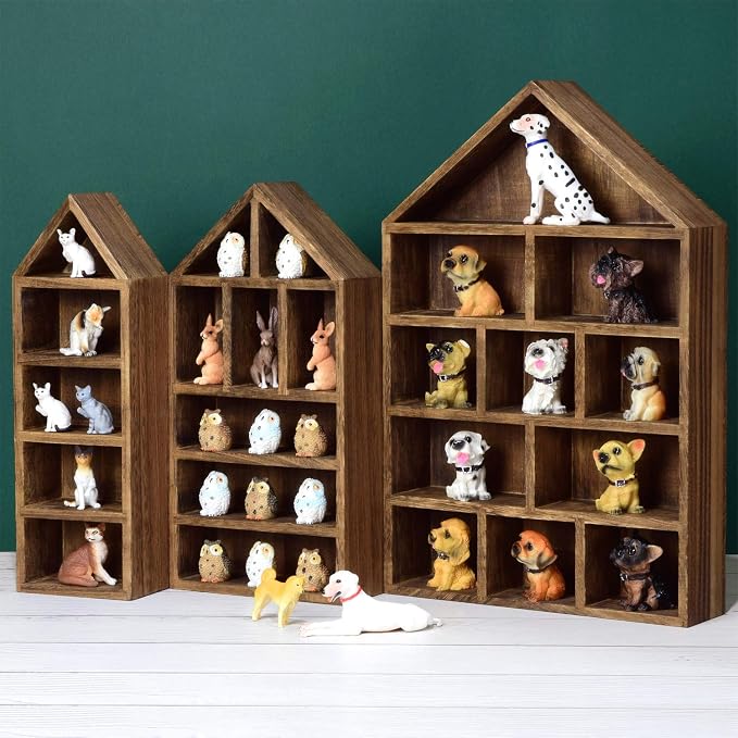 Ikee Design Wooden Shadow Box Display Shelf Organizer | Wall-mountable wood display rack with 5 adjustable shelves for figurines, action figures and collectibles.