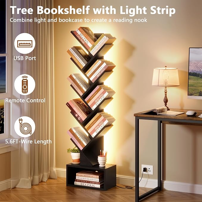Hoctieon 9 Tier Tree Bookshelf, Tall Bookcase, Freestanding Book Shelf with LED Lights, Display Floor Standing Storage Shelf, Book Organizer Shelves for Home Office, Living Room, Black