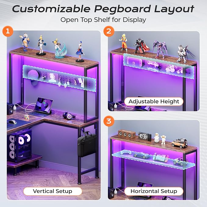L Shaped Gaming Desk with LED Lights & Power Outlets | Reversible Computer Desk with Storage Shelves & Bag, Large Corner Home Office Desk for Work from Home, Rustic Brown