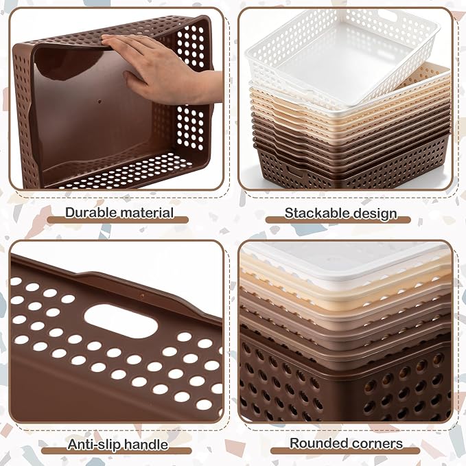 Geetery 6 Pack Classroom Storage Baskets with Handle,Gradient Brown | 14''x10'' Paper Tray Holds A4 Turn in Trays Plastic Paper Baskets Desk Organizer Bin for Classroom, Library, Office, Home