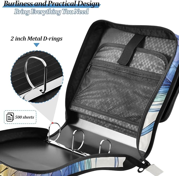 3 Ring Zipper Binder with Shoulder Strap Colorful Dragon 2 Inch Zippered Binder Bag 500 Sheet Capacity Multi Pockets for School Supplies