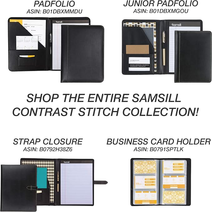Samsill 1" Junior Size 3 Ring Binder, Leather, Black with Contrast Stitching, Holds 8.5 x 5.5 Paper, 3 Rings, Notebook Binder, Portfolio Organizer, Planner, Journal