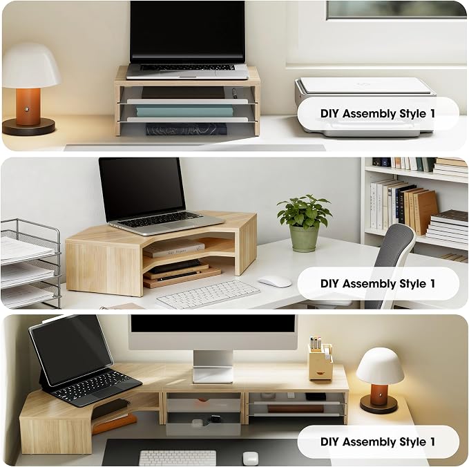 Fenge 14.3-Inch Monitor Stand with Slide-Out Trays, Wood & Metal Desk Shelf | 3-Tier Space-Saving Desk Storage Organizer, Fits Computer, Laptop, Printer and Telephone