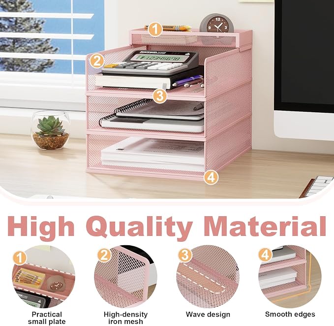 Natwind 3-Tier Stackable Metal Mesh Letter Paper Tray Organizer,Pink | Desk Organizer For Paper,Document,Mail Tray For Office Supplies,File Holder For Home Office School Classroom Organization