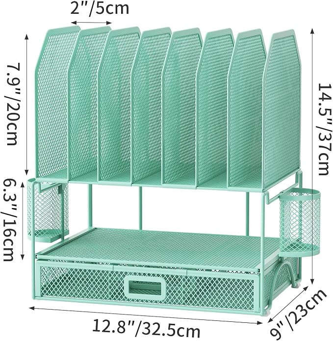 FANXIYQ Metal Desk Organizer with Sliding Drawer, 7-Section File Organizer for Desk, Desktop File Folder & Paper Organizer with 2 Hanging Pen Holders, Office Supplies Organizer, Green