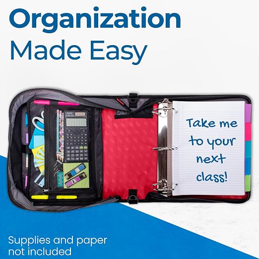 Case-it King Sized Zip Tab School Zipper Binder 4-Inch D-Rings,800 Sheet Capacity,5-Subject Expanding File Folder, Multiple Pockets & Storage Organizer,Shoulder Strap D-186 Fire Engine Red(Pack of 4)