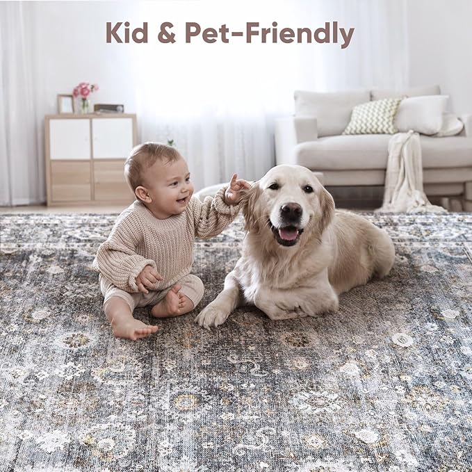 Runner Rug Hallway Runner Rug Washable Kitchen Runner Rugs with Rubber Backing 2'6''x8' 100% Polyester Vintage Rug for Entryway Indoor, Kitchen, Laundry, Bedroom (Grey and Brown)