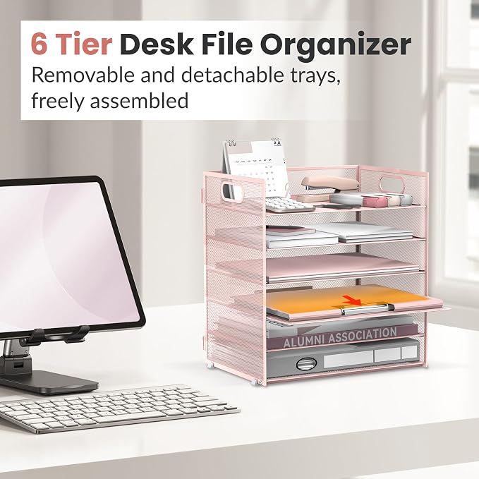 Daltack 6-Tier Paper Organizer for Desk with Handle, Pink | Sturdy Metal Mesh Organizer with Movable Middle Trays and a Carry Handle for Papers, Folders and Office Supplies