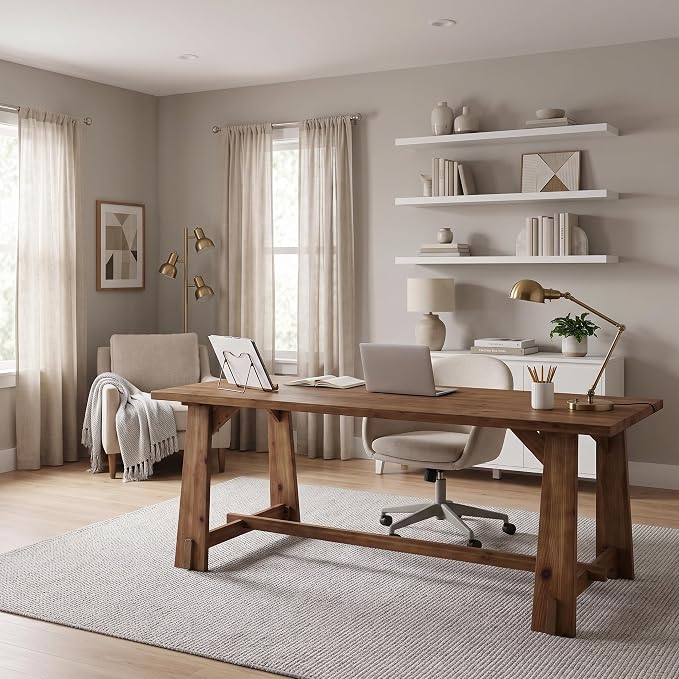 LITTLE TREE 63" Long Large Wood Desks, Solid Wood Office Desk | Farmhouse Executive Computer Desk, Large Work Writing Table, Rustic Brown Business Furniture for Home