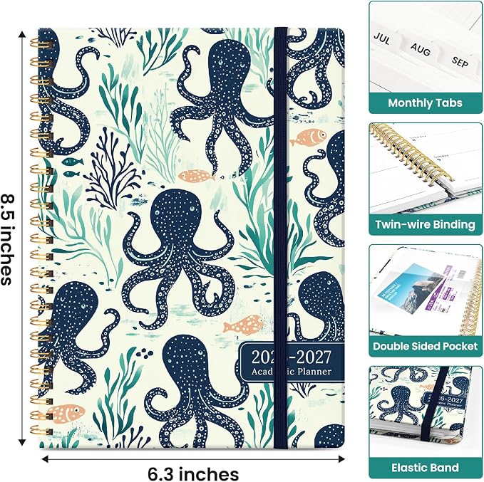 Taja Planner 2026-2027, Jul 2026-Jun 2027 Monthly & Weekly Calendar Planner | 6.3" x 8.5", Hardcover Academic Calendar, Teacher Student Agenda Book with Tabs, School Office Supplies, Octopus Drift