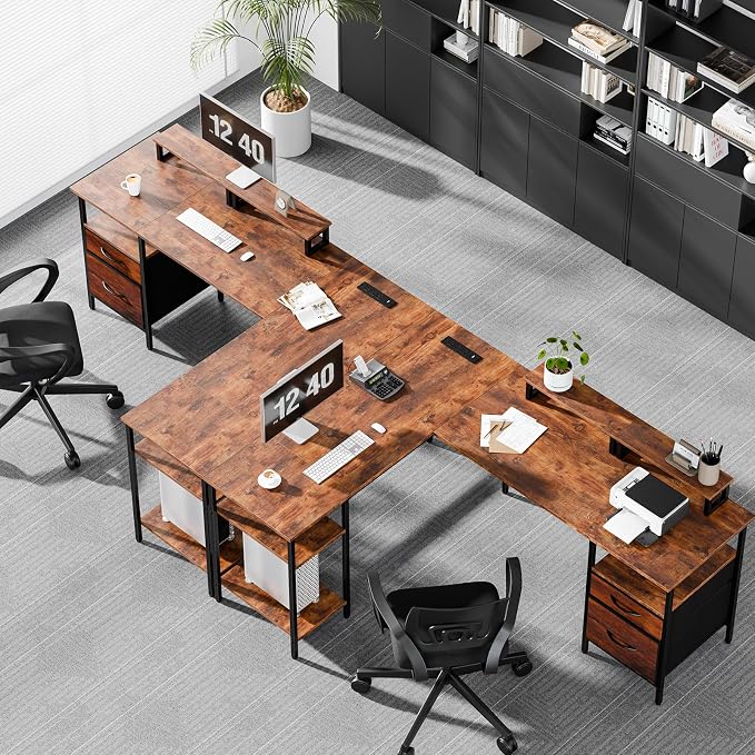 DUMOS 62” L Shaped Desk with Drawers and Power Outlet, Rustic Brown | Reversible Computer Desk with 2 Monitor Stands and Storage Shelves, Office Desk for Gaming, Writing and Studying