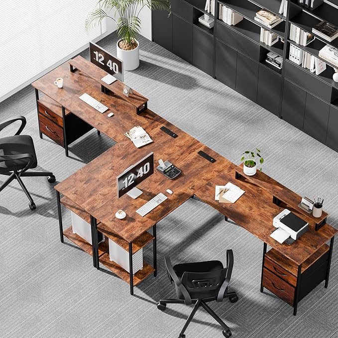 DUMOS 62 Inch L Shaped Computer Desk with Charging Station | Corner Gaming Desk with Dual Monitor Stands, Drawer & Adjustable Shelves for Home Office, Rustic Brown