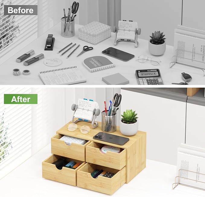 Bamboo Desk Organizer with Drawers, Desktop Storage Box for Office Supplies | 4 Drawers Desktop organizer, No Assembly Required, Natural Wood Wooden Desktop Drawers for Bills, Cosmetics, Seals, Paper