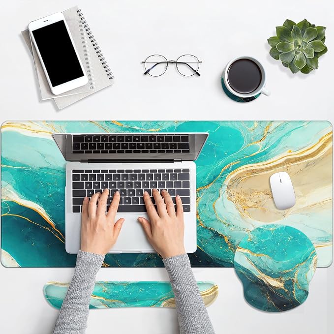 Keyboard Mouse Pad Set, 4 in 1 Desk Mat Set, Marble Green | Gold Large Mousepad+Keyboard Wrist Rest+Mouse Wrist Rest+Coaster Ergonomic Design for Home Office Computer